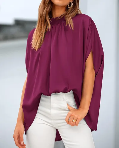 Miniatura 98 de BTFBM Blusas de verano para mujer, cuello alto falso, manga murciélago, holgadas, dobladillo alto y bajo, blusas informales de gran