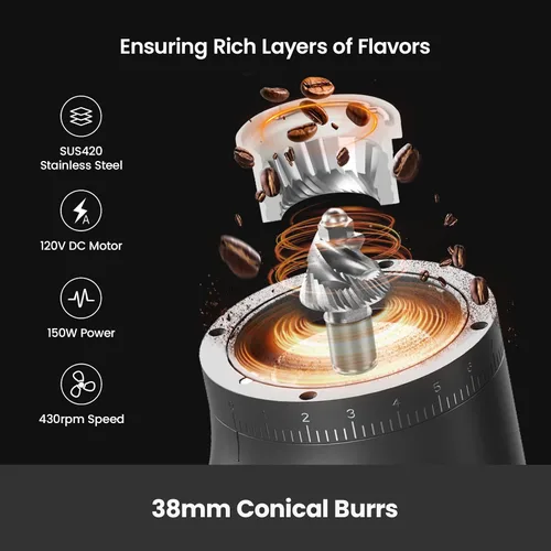 Miniatura 4 de Gemilai Molinillo de Café Eléctrico de Fresas Cónicas, Molinillo de Granos de Café con Temporizador Inteligente 60S, 60 Ajustes de Molienda