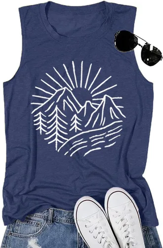 Miniatura 19 de Camisetas sin mangas de senderismo y montaña para mujer, divertidas camisetas de entrenamiento con gráficos de pino y amanecer, camisetas de verano