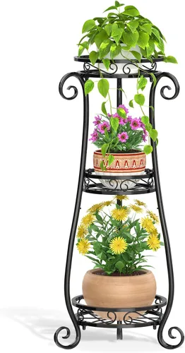 LASZOLA Soporte para Plantas de Metal Negro de 3 Niveles para Múltiples Macetas Grandes, Organizador de Interiores y Exteriores, Soporte de Flores