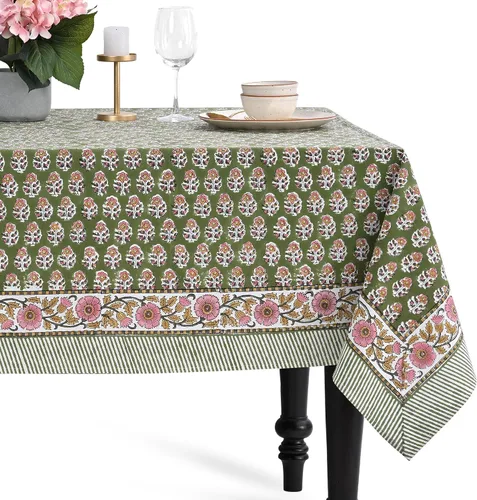 Miniatura 41 de CPC - Mantel cuadrado 100% algodón, 60 x 60 pulgadas, estampado de bloques indios, mantel para bodas, primavera/verano, barbacoa, verde ágata