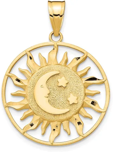 Colgante de sol pulido de oro amarillo de 14 quilates con luna y estrella (0.866in x 1.220in), Oro amarillo