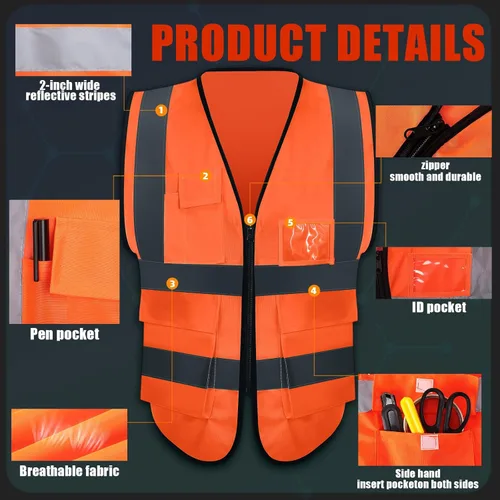 Miniatura 3 de Leumoi Paquete de 30 chalecos de seguridad reflectantes con bolsillos y cremallera de alta visibilidad para mujeres y hombres para el trabajo Naranja