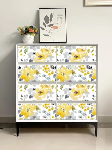Miniatura 7 de Toduso Papel Tapiz Floral Despegar y Pegar Papel Tapiz Amarillo/Gris/Blanco Acuarela Papel de Contacto Autoadhesivo Removible Papel Tapiz Forros