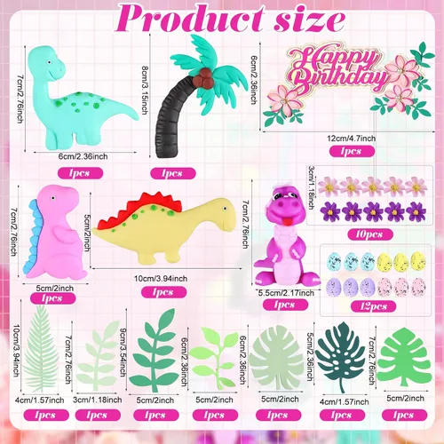 Miniatura 3 de 35 piezas de decoración de pastel de dinosaurio con hojas de macaron modelo rosa para niñas, decoración de pastel de dinosaurio para fiesta