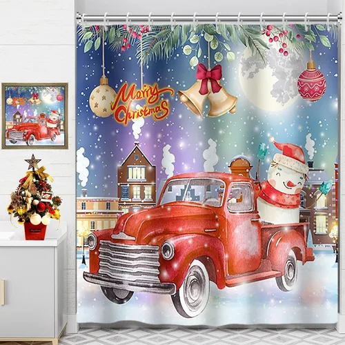 Miniatura 13 de Yeele Cortina de ducha de Feliz Navidad, diseño de rejilla blanca y negra, para invierno, árbol de Navidad, gnomo, juego de cortinas de ducha 2