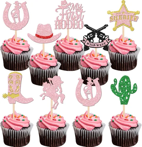 Miniatura 13 de Rsstarxi Paquete de 30 adornos de vaquero para cupcakes con purpurina para zapatos de caballo de vaquero, botas, pistola, temática occidental