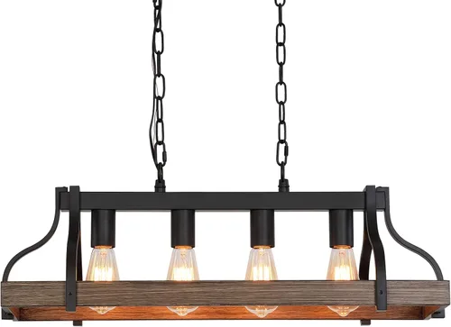 Miniatura 9 de MEIXISUE Lámpara rústica para isla de cocina, comedor, candelabro lineal estilo granja, acabado negro y madera retro, 4 luces, lámpara colgante