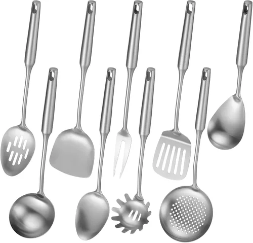9 utensilios de cocina de acero inoxidable, utensilios de cocina con mango largo y agujero para colgar, desnatador, cucharón, espátula, cuchara
