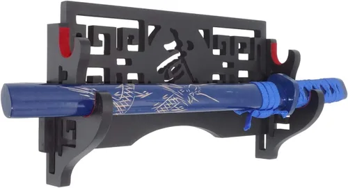 Miniatura 3 de Soporte de pared para espada de 2 niveles, soporte de exhibición Samurai con patrón hueco para Katana, Wakizashi y espadas estándar