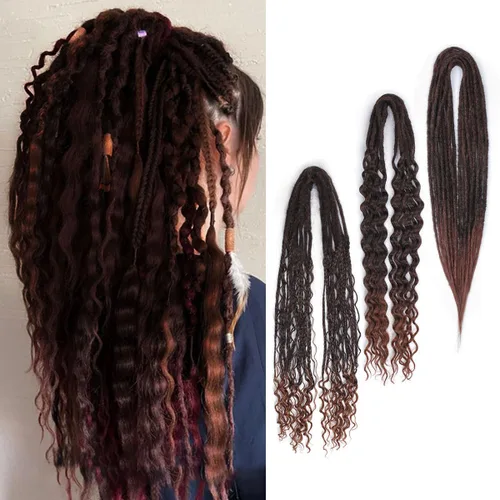 Miniatura 19 de Extensiones de rastas trenzadas bohemias de 24 pulgadas, 10 hebras de rastas sintéticas rizadas color marrón degradado con trenza de caja, rastas