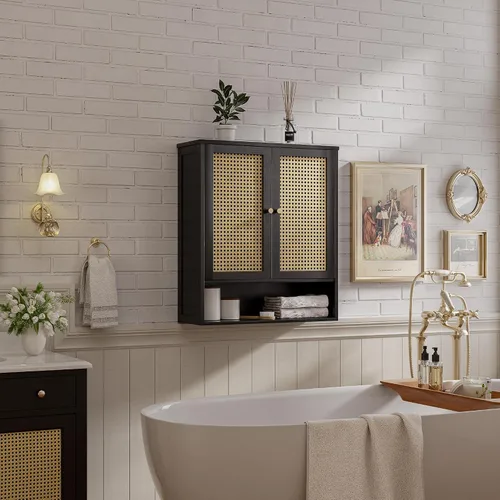 Miniatura 8 de Armario de pared de baño, organizador de almacenamiento de bambú sobre el inodoro con 2 puertas de ratán y estante ajustable, gabinete de medicina