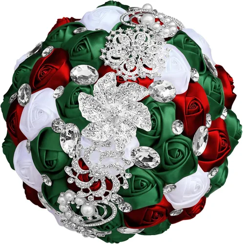 Miniatura 14 de XINNI Broche de oro de lujo de 8 pulgadas, ramo de boda nupcial para novia, dama de honor, ramo de rosas de satén con perlas, color negro y gris