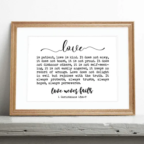 Miniatura 5 de OFlyDesigns Letrero de amor nunca falla, 1 Corinthians 13 citas, impresión artística de 8 x 10 pulgadas, sin marco, arte de pared para dormitorio