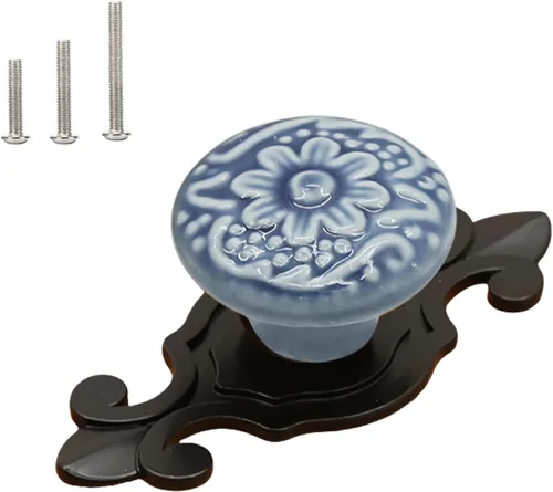 Miniatura 22 de HUAMULAN Paquete de 10 pomos de cerámica retro vintage para aparador, cocina, pétalos, tiradores de armario, cajón, base negra, placa trasera