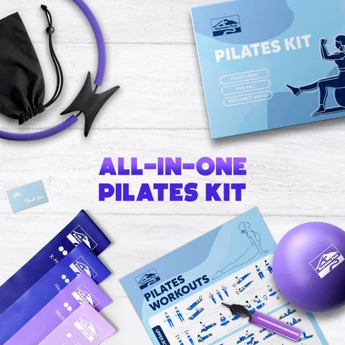 Miniatura 7 de Juego de anillos de pilates y bolas, kit de pilates para el hogar con anillo de ejercicio de 14 pulgadas, 4 bandas de resistencia
