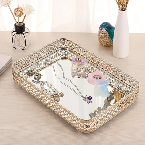 Miniatura 6 de ELLDOO - Bandeja para perfumes y maquillaje con hueco tallado, organizador de joyas y baratijas de vidrio y metal para cómoda y encimera de baño