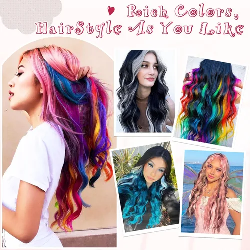 Miniatura 6 de Extensiones de cabello de colores 12 piezas de 24 pulgadas, extensiones de cabello rosa cosplay con clip, color arco iris, para fiesta, largo