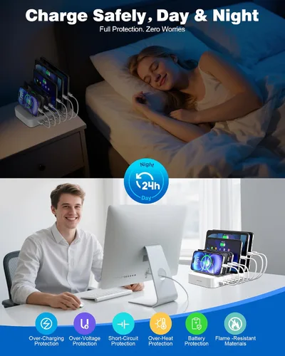 Miniatura 4 de MSTJRY Estación de carga para múltiples dispositivos: estaciones de carga USB de 6 puertos - Base de carga organizadora familiar para múltiples