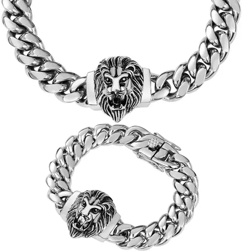 Miniatura 12 de Cadena de eslabones cubanos para hombre, gargantilla de león, collar de plata Hip Hop de 18 pulgadas, 20 pulgadas y pulsera de 8.5 pulgadas, juego