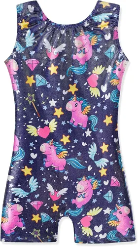 HOZIY Leotardos de gimnasia con pantalones cortos para niñas y niños pequeños, trajes de motociclista, overol brillante de unicornio leopardo