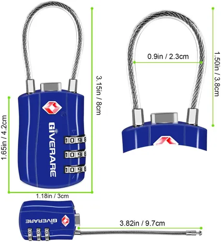 Miniatura 4 de GIVERARE Paquete de 2 cerraduras de equipaje aprobadas por la TSA, cerradura de cable de viaje combinada, candados de 3 dígitos reconfigurables
