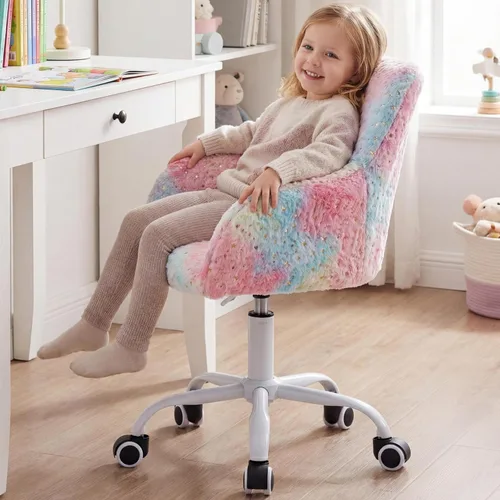 LukeAlon Silla de escritorio ajustable para niños, silla de estudio peluda con base giratoria, bonita silla de lectura tapizada de piel sintética