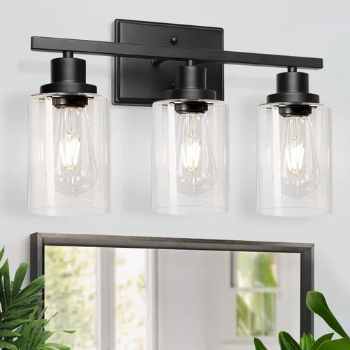 Miniatura 8 de Ascher Lámparas de Vanidad de Baño, 3 Apliques de Pared de Luz con Pantalla de Vidrio Transparente, Luces de Pared Negras para Espejo, Cocina, Sala