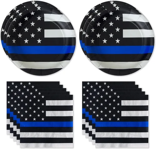 Fiesta de la línea azul delgada de la policía para 16 invitados! Incluye 16 platos y servilletas de 7 pulgadas en el patrón oficial de bandera de