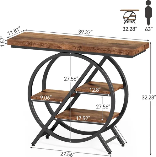 Miniatura 2 de LITTLE TREE Mesa consola para entrada, mesa de sofá de 39.37 pulgadas detrás del sofá, mesa de madera industrial de 4 niveles estrecha con marco