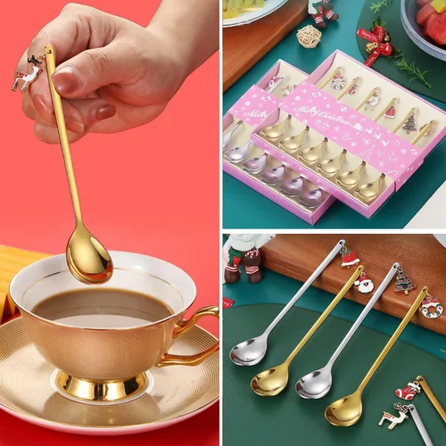 Miniatura 8 de AKOAK 6 unids/set de cuchara de acero inoxidable de Navidad Set creativo café chapado en oro, cuchara de postre cuchara mezcladora de cocina casera