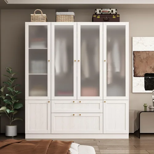 Miniatura 3 de MOUMON Armario grande con 4 puertas acrílicas y 2 cajones, armario con barra para colgar, para dormitorio, grano de madera
