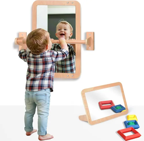 Montessori Baby Espejo de seguridad inastillable 2 en 1 con barra de dominadas, montaje en pared infantil y juego en el suelo para el tiempo boca