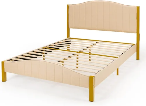 Miniatura 8 de Giantex Base de cama tapizada de tamaño matrimonial, base de cama moderna con cabecera acolchada, base de colchón con soporte de listones de madera