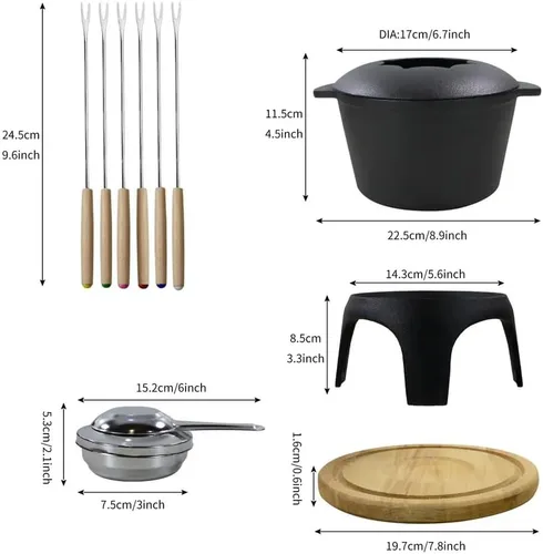 Miniatura 9 de Juego de fondue tradicional de hierro fundido esmaltado negro mate para fondue suiza, 12 piezas, para carne, chocolate y queso, hierro fundido