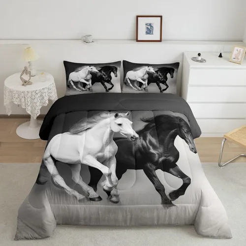 Erosebridal Juego de edredón de caballo tamaño Queen, juego de ropa de cama de caballo negro y blanco para niños, adolescentes y hombres, edredón de