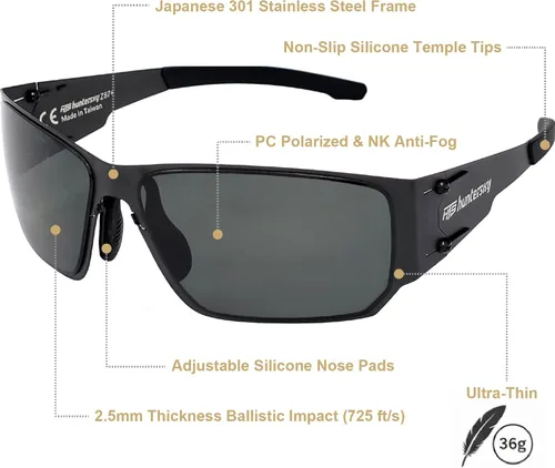 Miniatura 3 de HTS HUNTERSKY M02 0.6 delgado japonés 301 acero inoxidable ligero MILSPEC 0.098 in espesor impacto polarizado anti niebla gafas Negro mate/Humo
