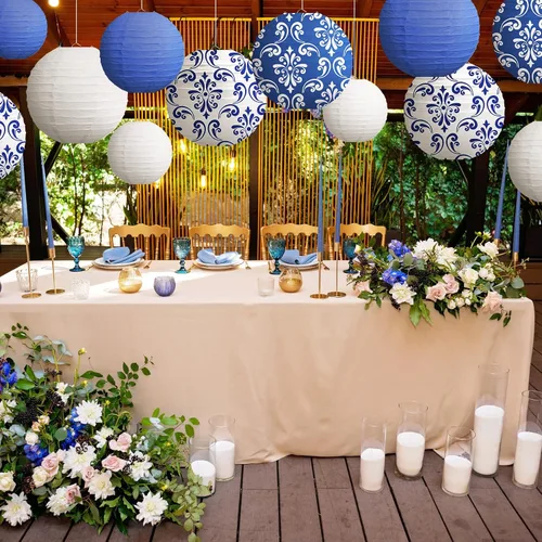 Miniatura 2 de Bencailor 12 faroles de papel chinoiserie de 12 pulgadas, 10 pulgadas, 8 pulgadas, estampado de porcelana azul y blanca, decoración para colgar