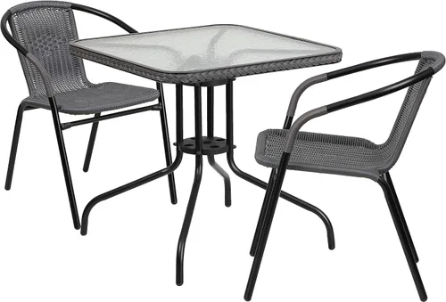 Miniatura 10 de Flash Furniture Mesa cuadrada de metal de vidrio de 28 pulgadas con borde de ratán gris y 4 sillas apilables de ratán gris Transparente/Gris