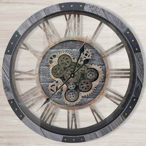 Reloj de pared grande de 24 pulgadas con engranajes móviles, relojes industriales rústicos vintage de gran tamaño para decoración de sala de estar,