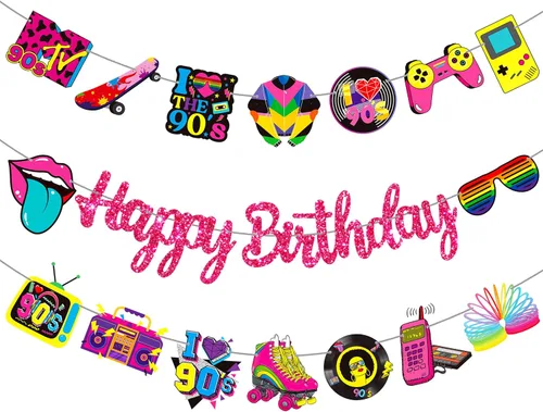 Pancartas de fiesta de cumpleaños temáticas de los años 90, decoraciones retro de fiesta de cumpleaños de los años 90, decoraciones de regreso a los