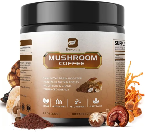 B BEWORTHS Café en polvo de hongos con aceite MCT, 10 hongos melena de león, cola de pavo, reishi, cordyceps y chaga - Café instantáneo de hongos