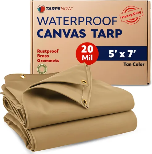 Tarps Now - Lona de Canvas Impermeable de 5 x 7 pies | 20 MIL Grado Comercial, Trabajo Pesado, Resistente al Desgarro, Ojales de Latón