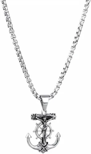 Miniatura 4 de JAJAFOOK Collar para Hombre de Acero Inoxidable Plata con Ancla Náutica y Cruz de Jesús