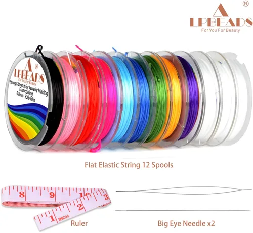 Miniatura 2 de LPBeads 12 rollos de 0.8mm de hilo elástico para hacer joyería de pulseras con agujas y regla para ensartar cuentas