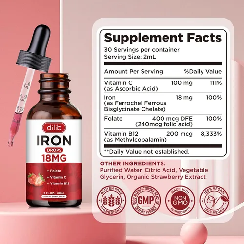 Miniatura 7 de Suplemento de hierro líquido para mujeres y hombres, suplementos de hierro para anemia con folato, vitamina C, B12 para soporte de glóbulos rojos