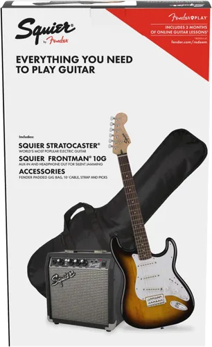 Miniatura 3 de Paquete de guitarra Squier by Fender Stratocaster para principiantes, diapasón de laurel, color marrón Sunburst, con bolsa Gig Bag, amplificador