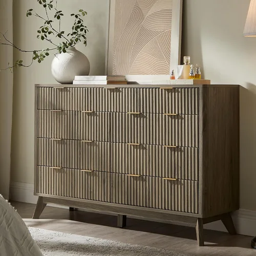 Miniatura 12 de T4TREAM Cómoda acanalada de 3 cajones, cómoda moderna de 32 pulgadas de alto, diseño de perfil curvo, organizador de cajones de madera para Aliso