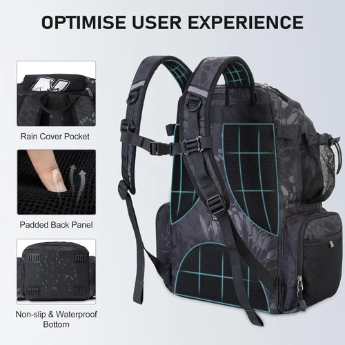 Miniatura 6 de N NEVO RHINO Mochila de aparejos de pesca con soportes para caña, bolsa de pesca grande de 40 L con cubierta impermeable para lluvia, bolsa