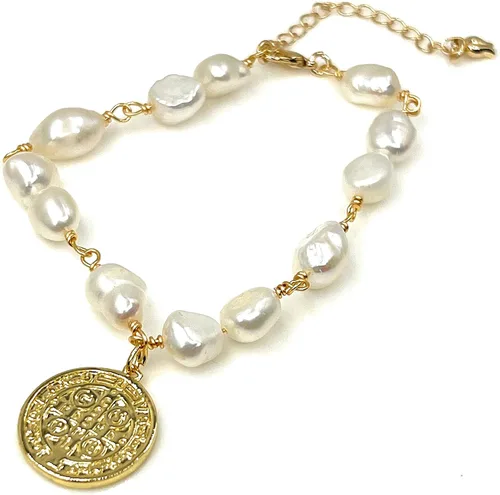 Miniatura 2 de San Benito - Pulsera de perlas barrocas con medalla chapada en oro de 18 quilates para mujer joyería de moda M Vidrio Chapado en oro